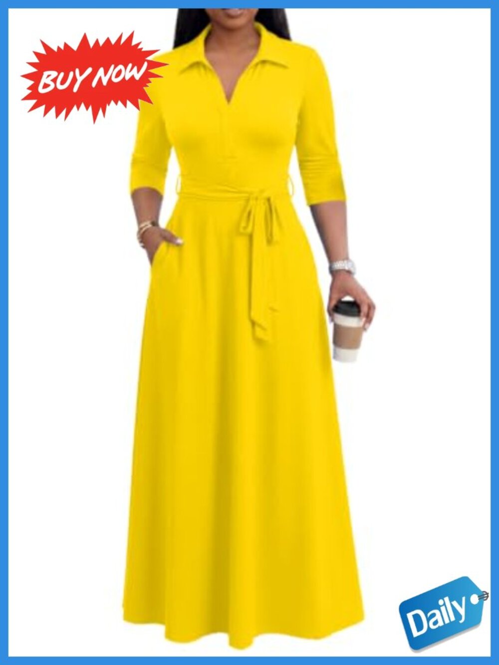 Women Maxi Dress 3/4 Sleeve V Neck Formal Church Long Flowy with Pockets